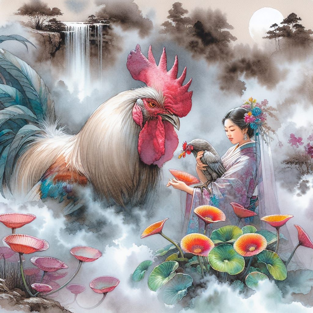 Isolated Rooster in Muted Dreamscape, Inspired by Ukiyo-e Pr...