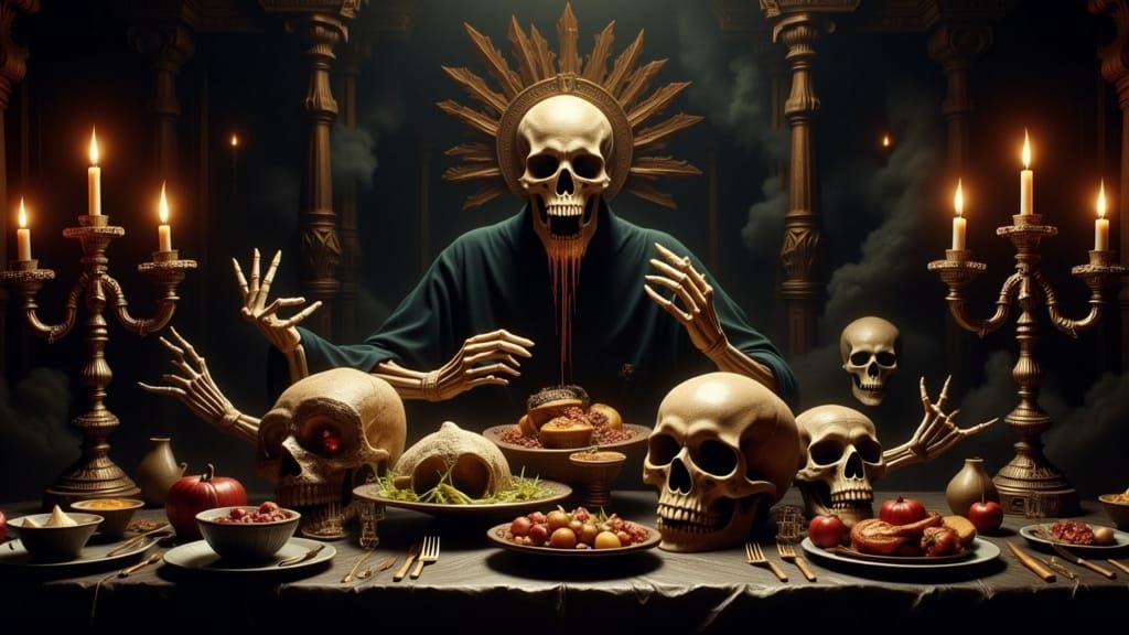 Eerie Feast: Skulls and Skeletal Hands Set a Gothic Dining T...