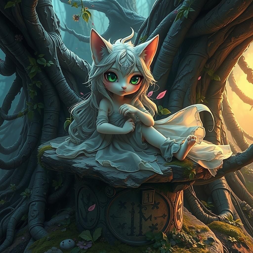 A whimsical cat girl with piercing emerald eyes and soft, fluffy ears, reclines on a mystical, weathered ...  by @Kerri