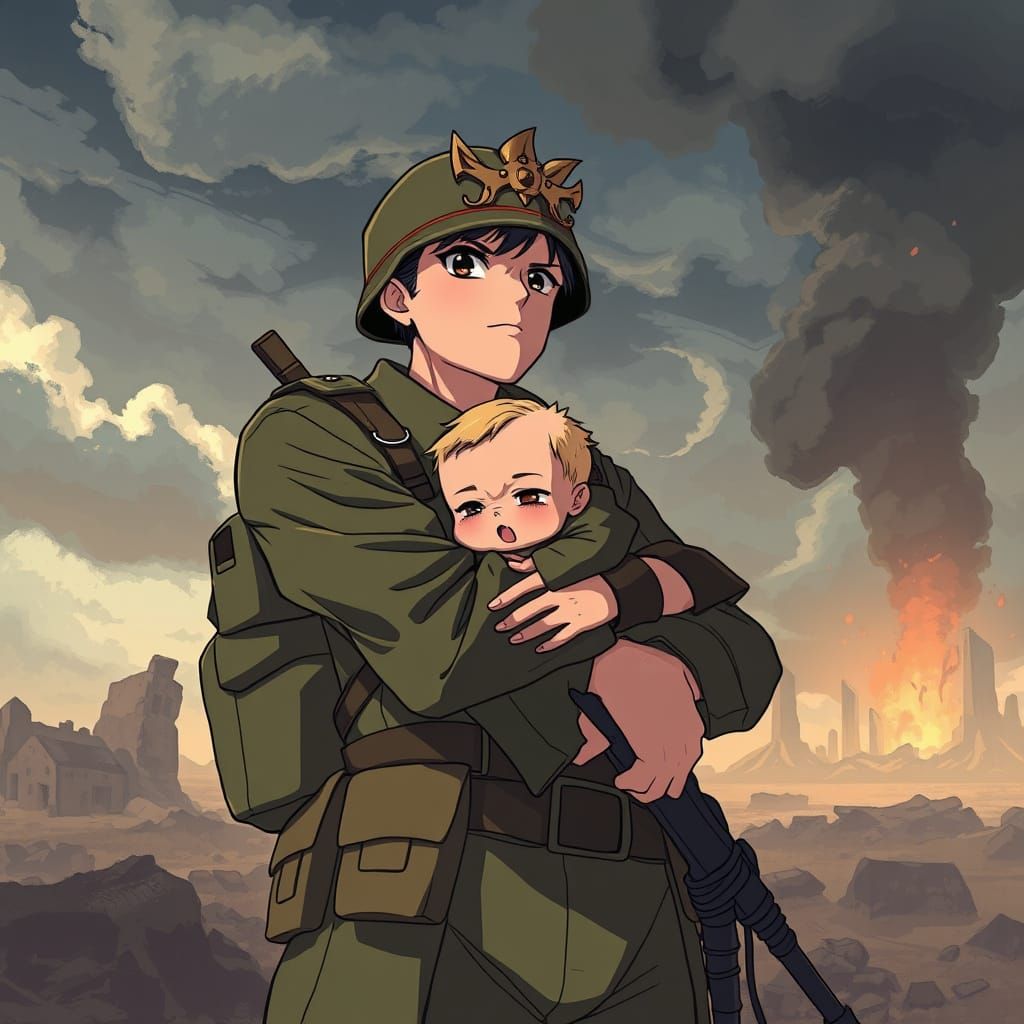 Resolute Soldier with Child, Anime Art Style