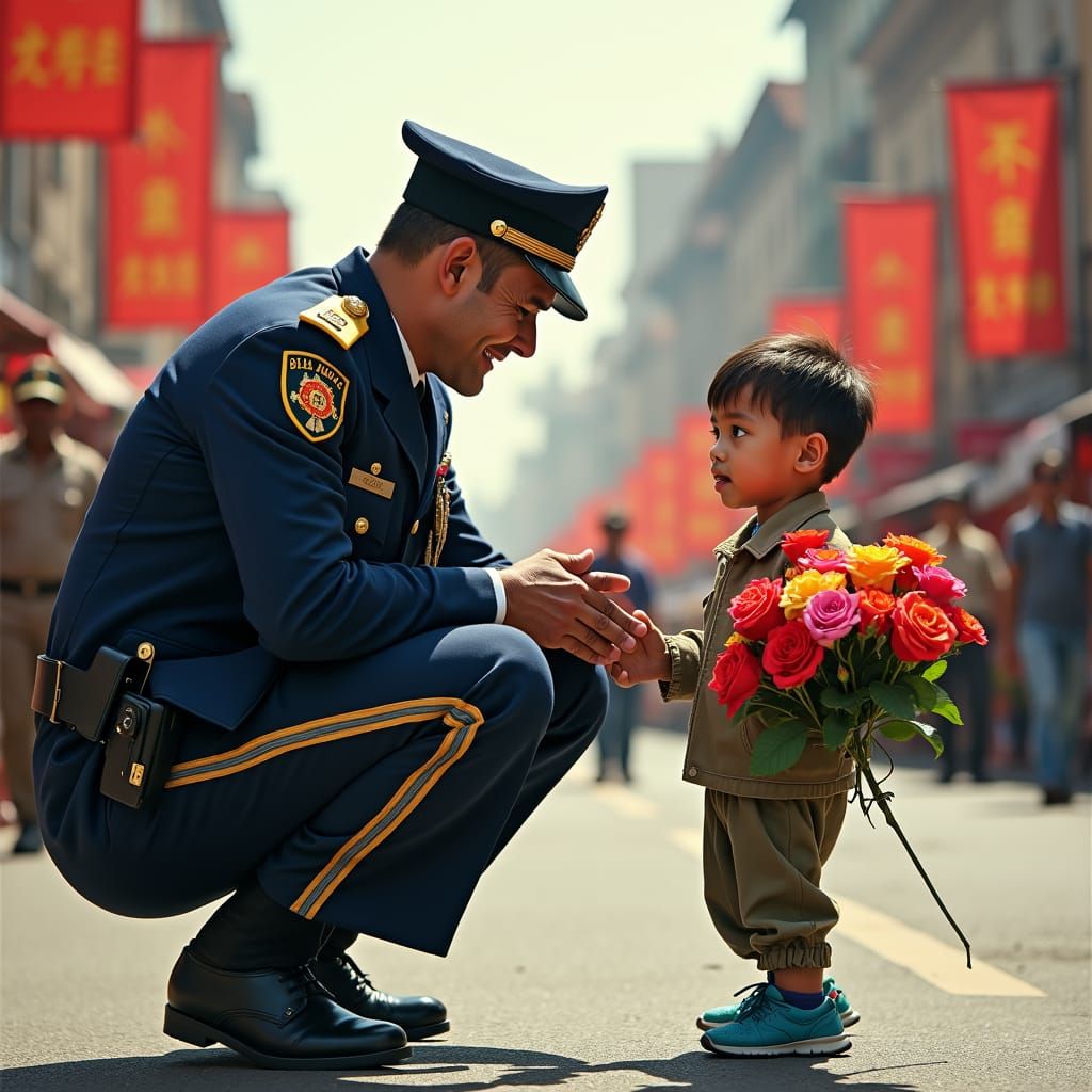 (Police man on duty stooping and addressing a cute little boy on the dangers of crossing the road while Cultural Festivals were marching alo...