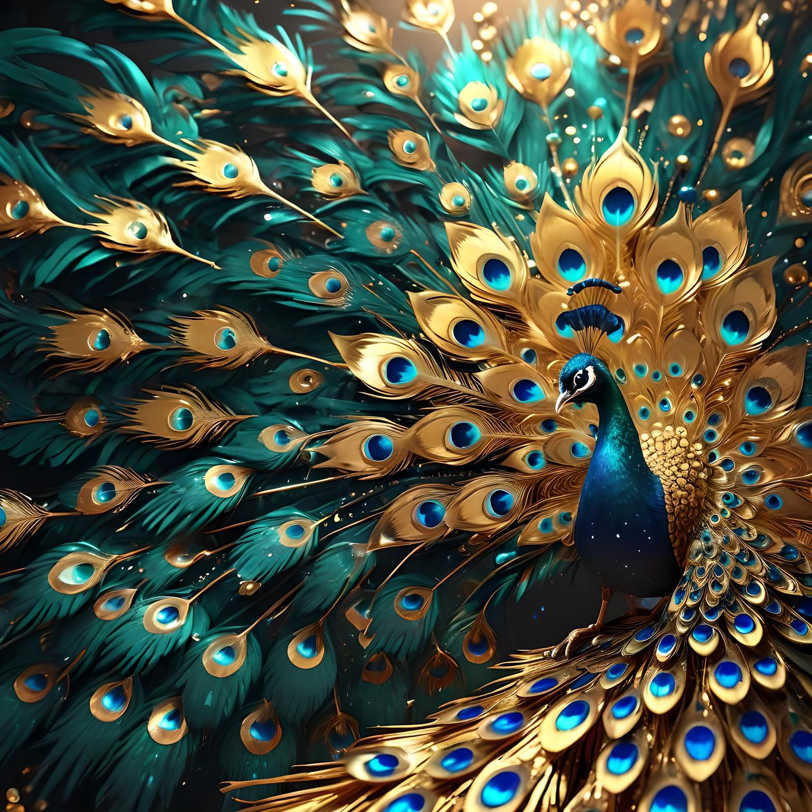 all the tail of the peacock bird made by gold shaped like feather on the golden feather like shaped gold ...  by @Baneshi