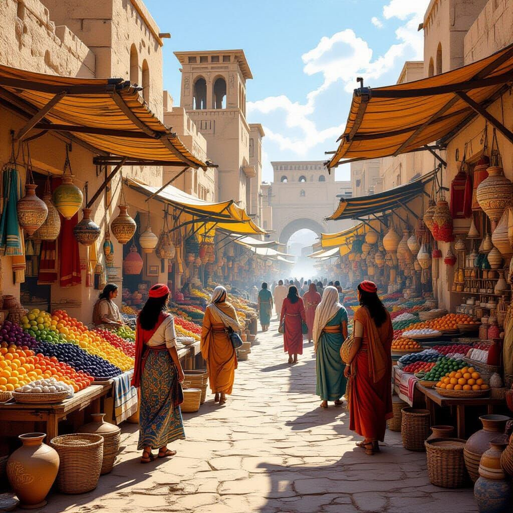 Ancient Sumerian Marketplace in Historical Mural Style