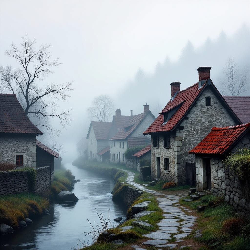 Misty Ancient Village Oil Painting with Red Roofs