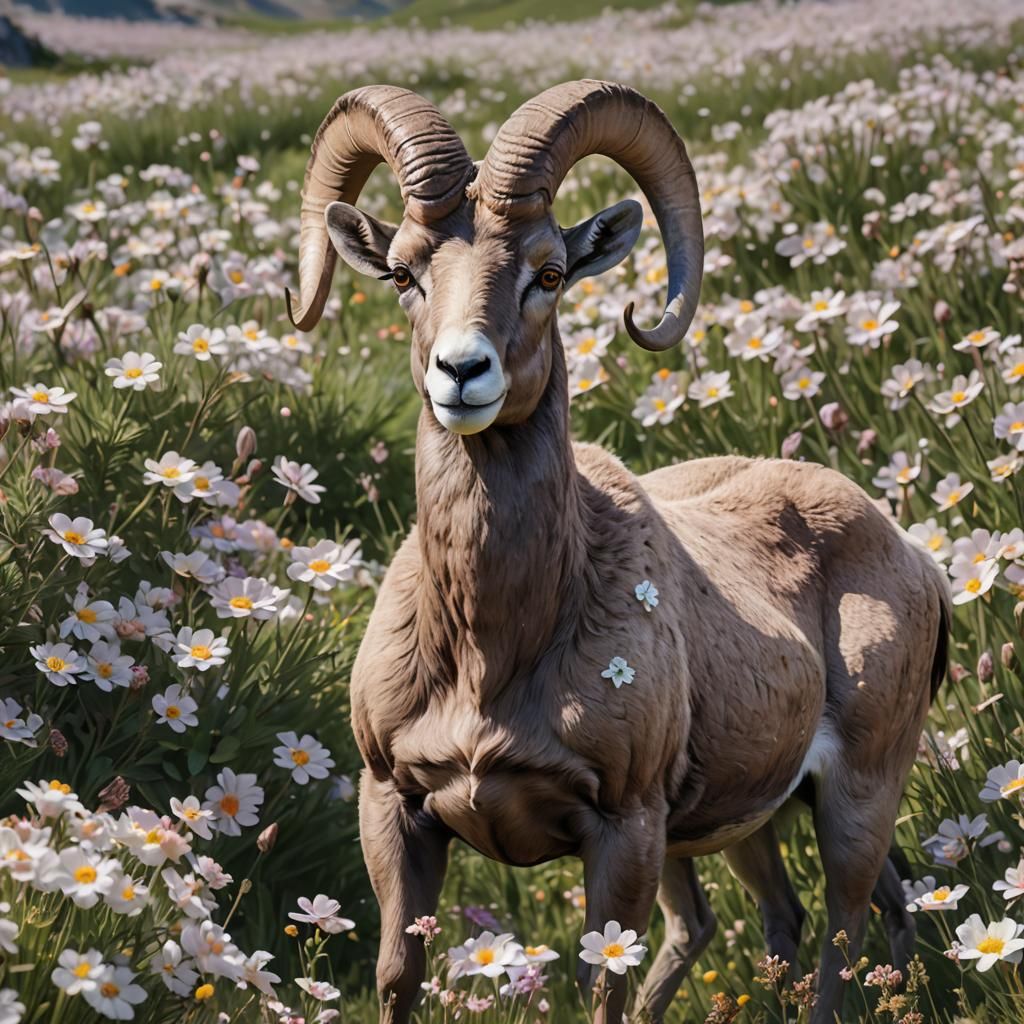 beautiful Bighorn sheep in a flower field