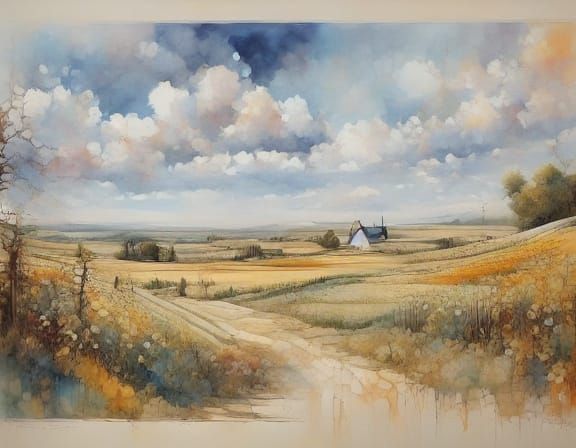 Whimsical Village Scene in Watercolor and Ink