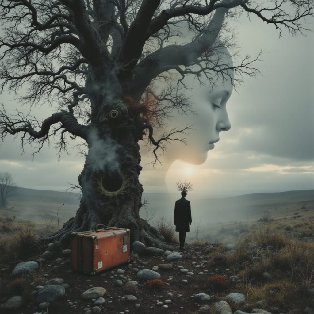 Abandoned Suitcase in Twilight Forest, Hyperrealistic Surrea...