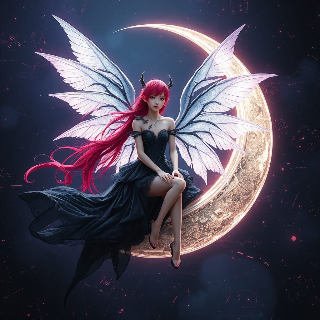 Cyber Fae on Crescent Moon in Digital Art