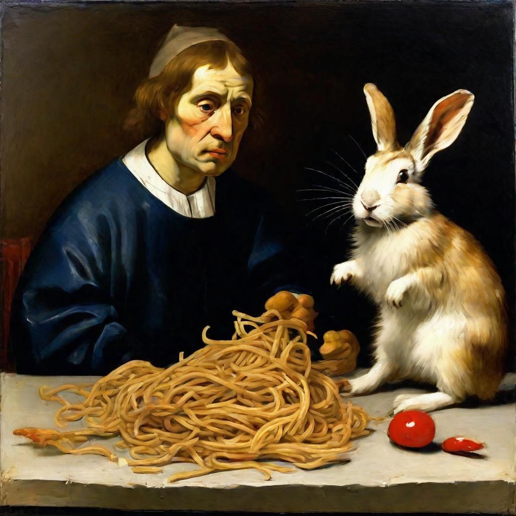 Hedgehog eats fried pasta with rabbit legs 
Impasto painting...