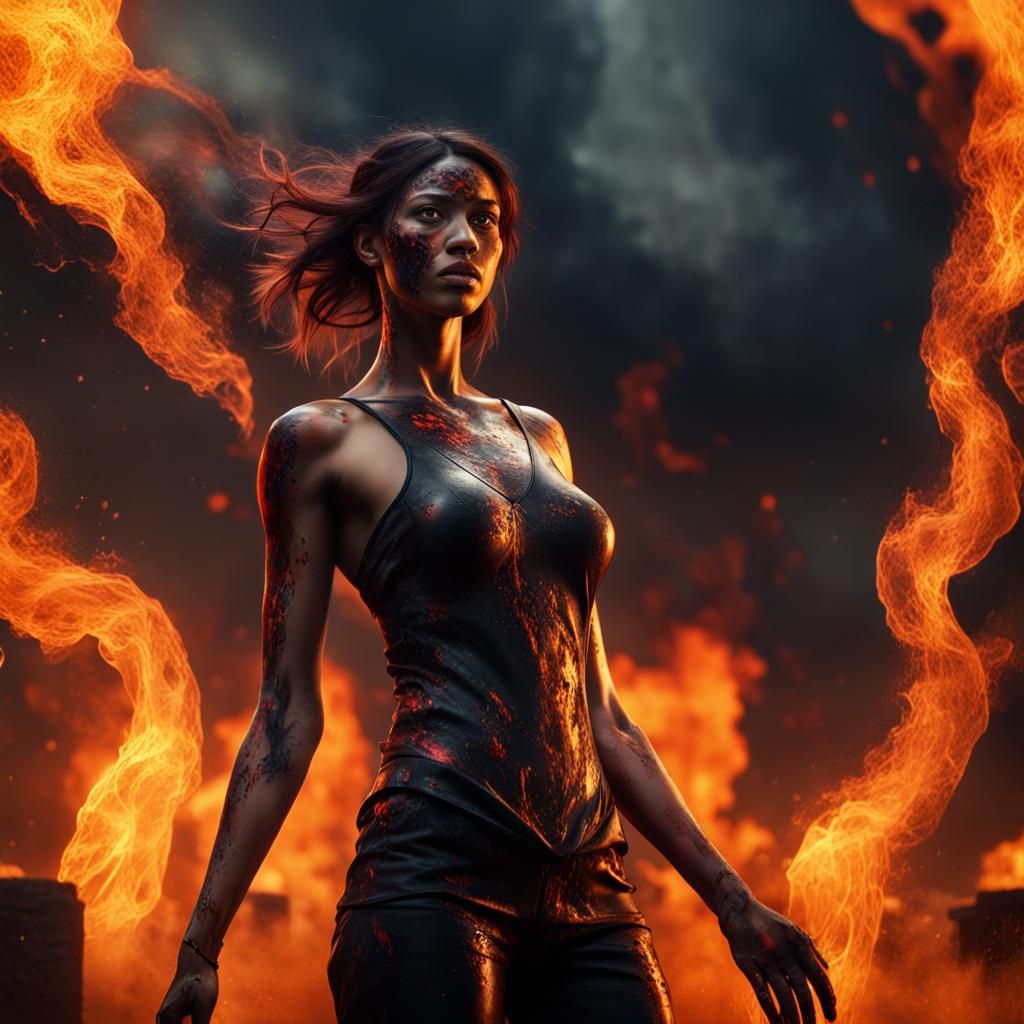 Oil black sky at backround with digital fire woman standing ...