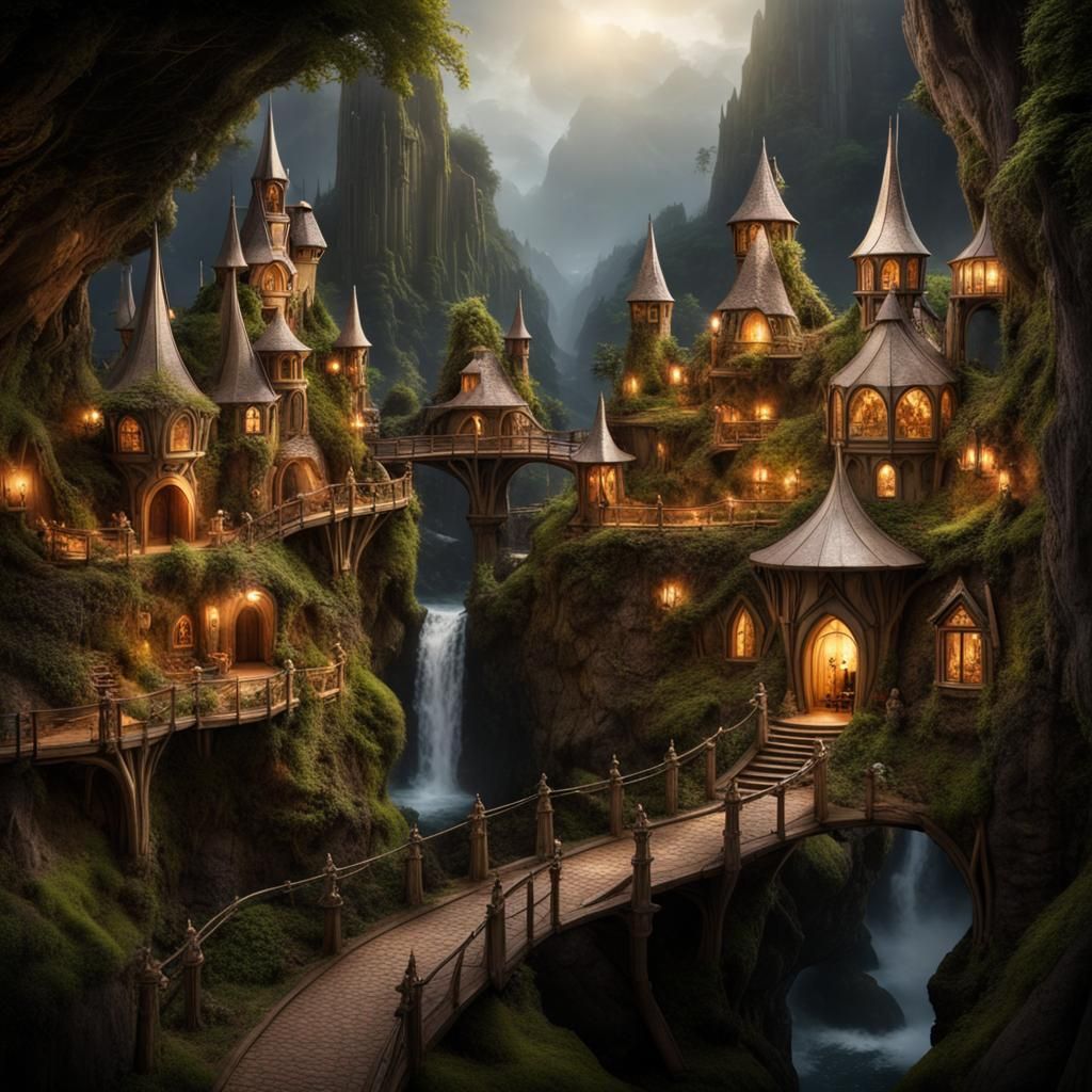 fairy village in the style of lord of the rings rivendell  by @big man bob