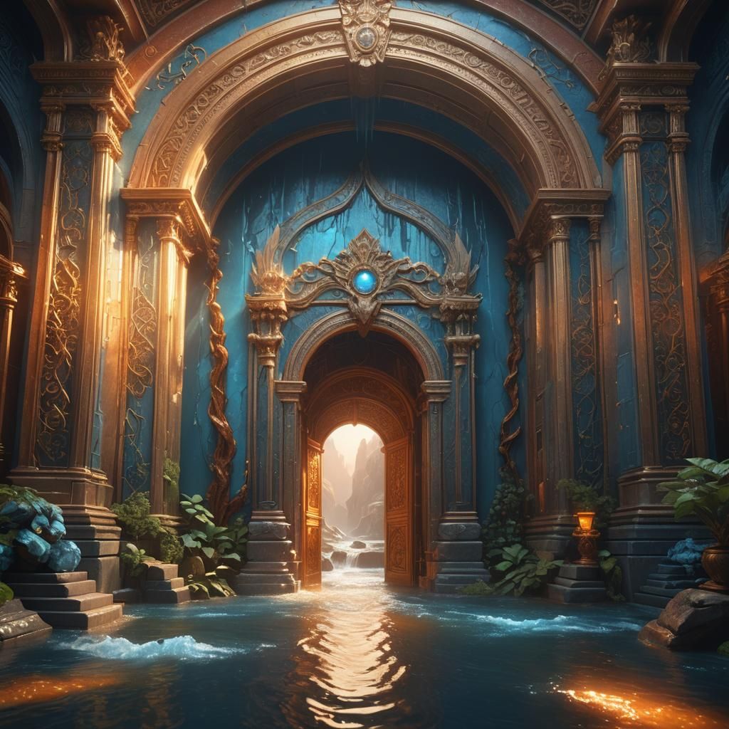 River Flows from Mystical Portal, Fantasy Art