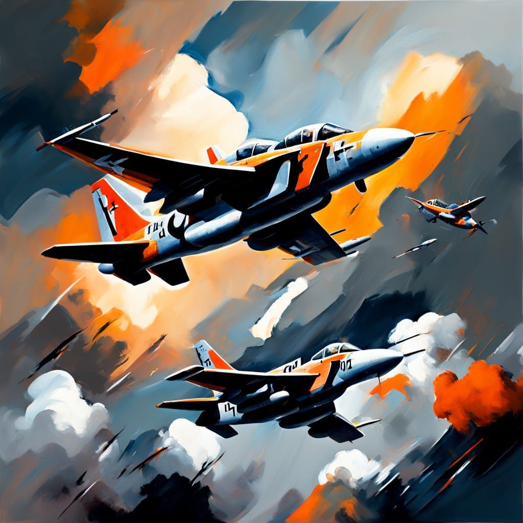 An expressive oil painting of World War II fighter planes soaring through the clouds, bold brushstrokes, dramatic sky in shades of orange an...