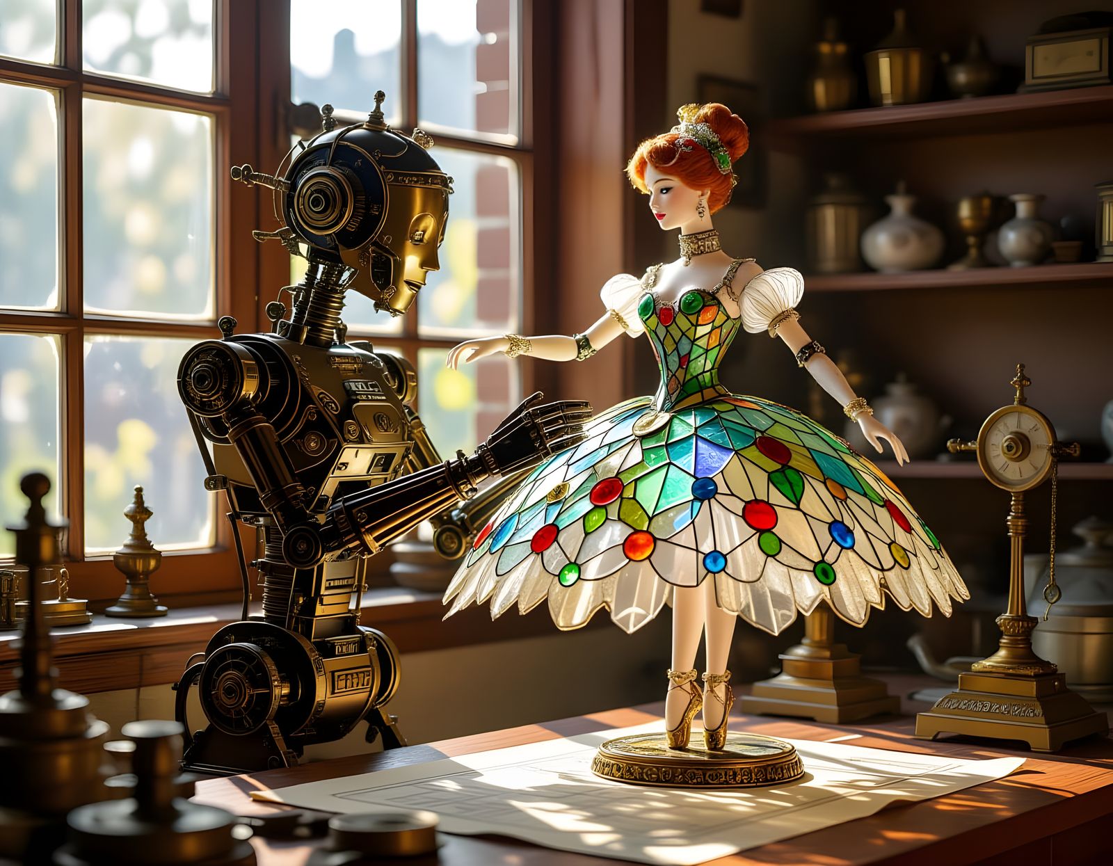 steampunk automaton meticulously assembling a delicate, glass dress  by @tsahel