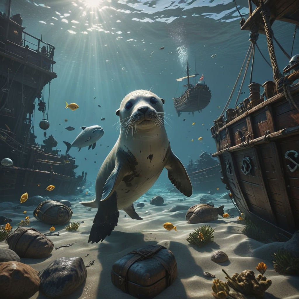 Deep under the sea, a graveyard of  sunken pirate ships, spilling with treasure and relics, is a playground for baby seals 3D Game Cinematic...