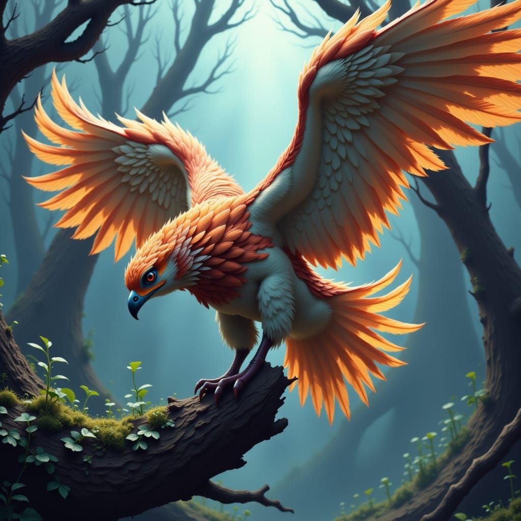 Split image. A fantasy creature shown in both peaceful and fierce forms. On one side, a majestic griffin with soft feathers and gentle eyes,...