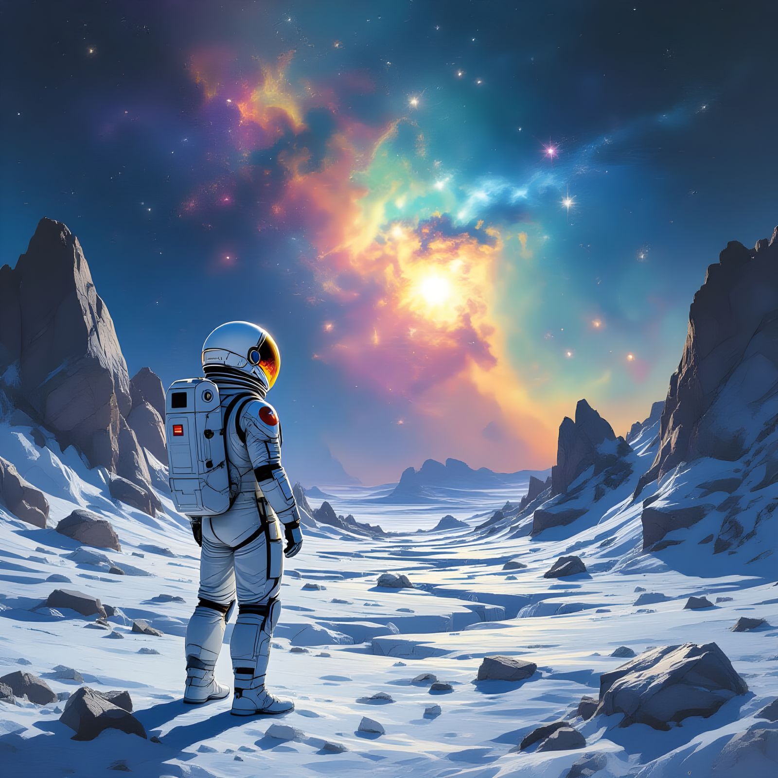 Astronaut Gazing at Nebula on Alien Planet in Cosmic Realism