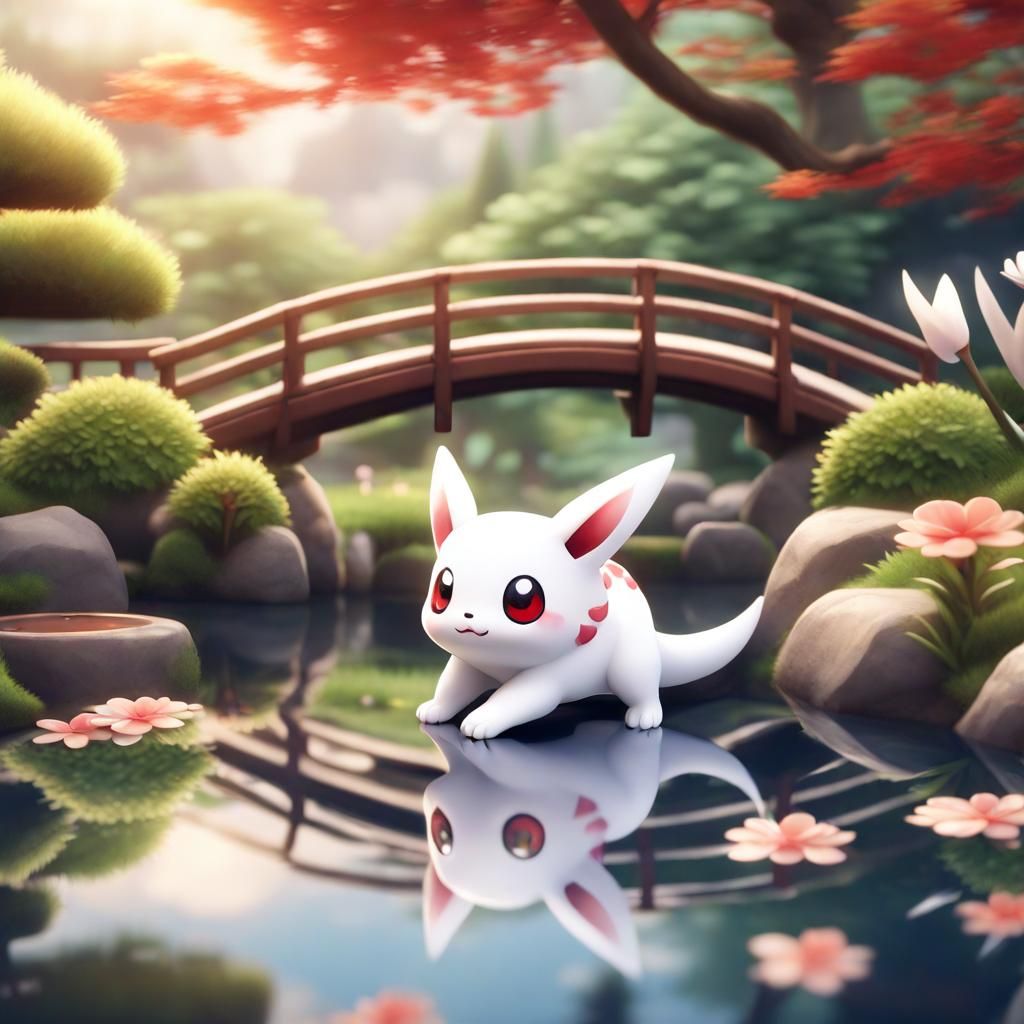 "Cute chibi pachirisu in a Japanese garden with a pond and a bridge, 4k, natural lighting, jumping koi, realistic