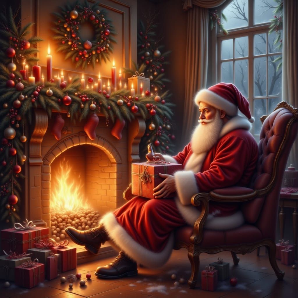 <lora:Christmas Glow 1-02:1.0> Santa Claus delivering presents by fireplace, glowing embers illuminating scene