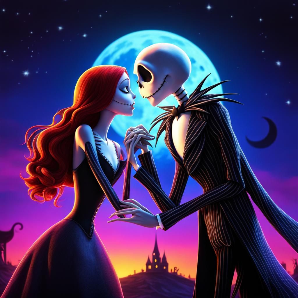 jack Skellington and sally in an embrace in front of the moon  Tim Burton color gradient movie poster ...  by @Dark Angel