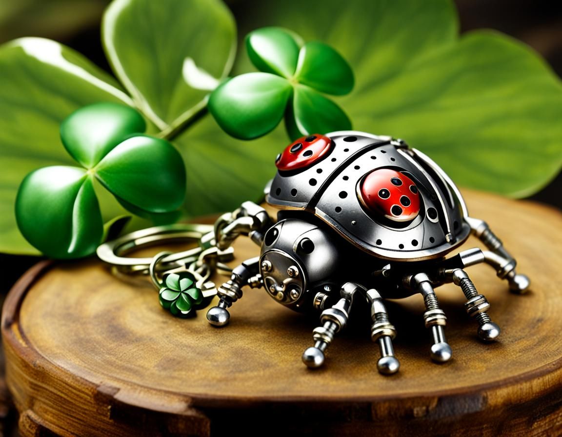 Holding a Realistic "GOOD LUCK" keychain with Ladybug,  Stea...