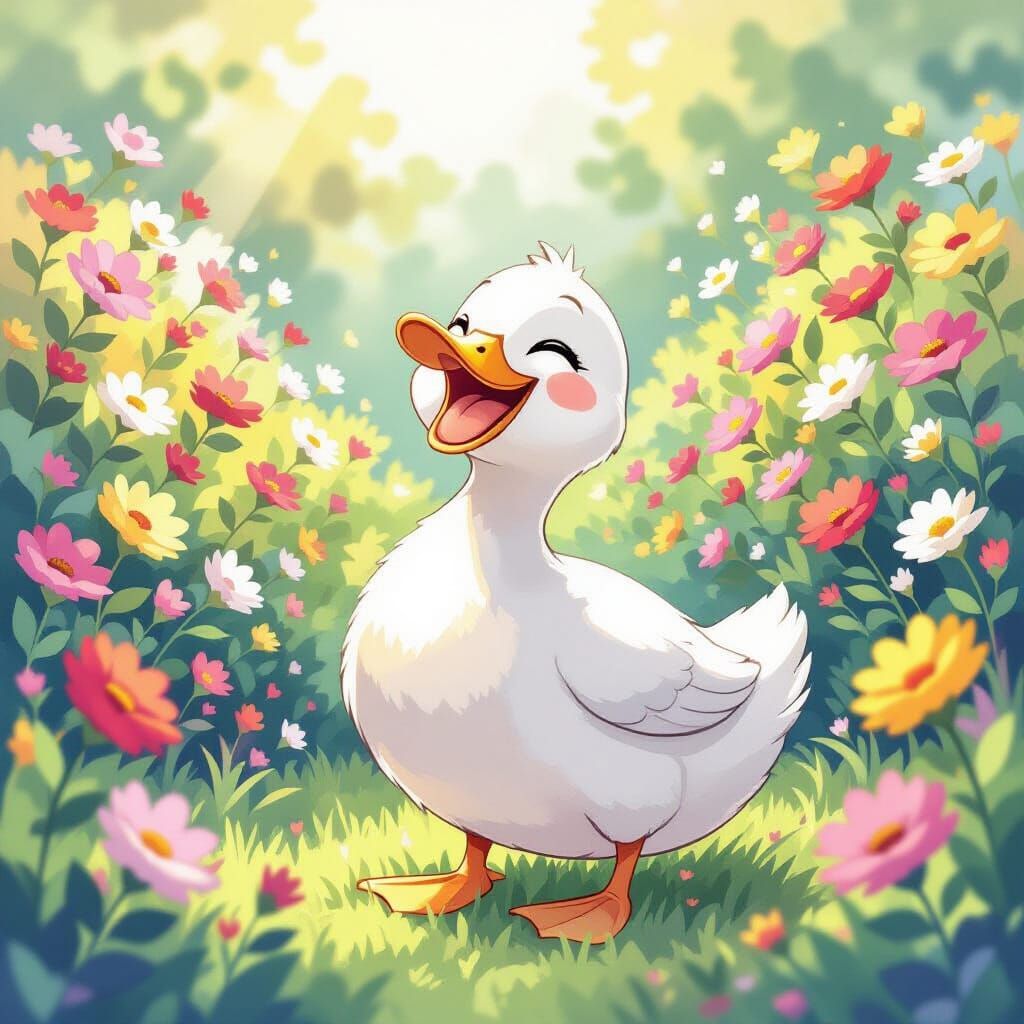 Cute Duck Laughing in Flowers, Childlike Anime Watercolor