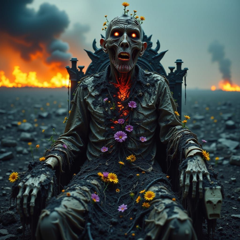 <lora:Realistic Terror:1.0> Portrait of an elderly man with hollow glowing eyes sitting alone on a broken throne of bones. His mouth is fill...