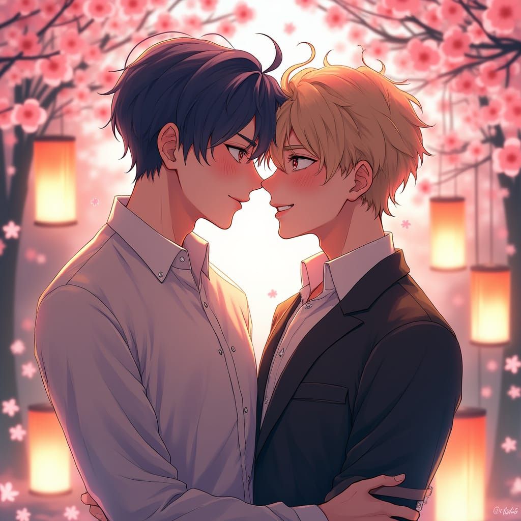 Tender Moment in a Japanese Garden, Anime-Inspired Art