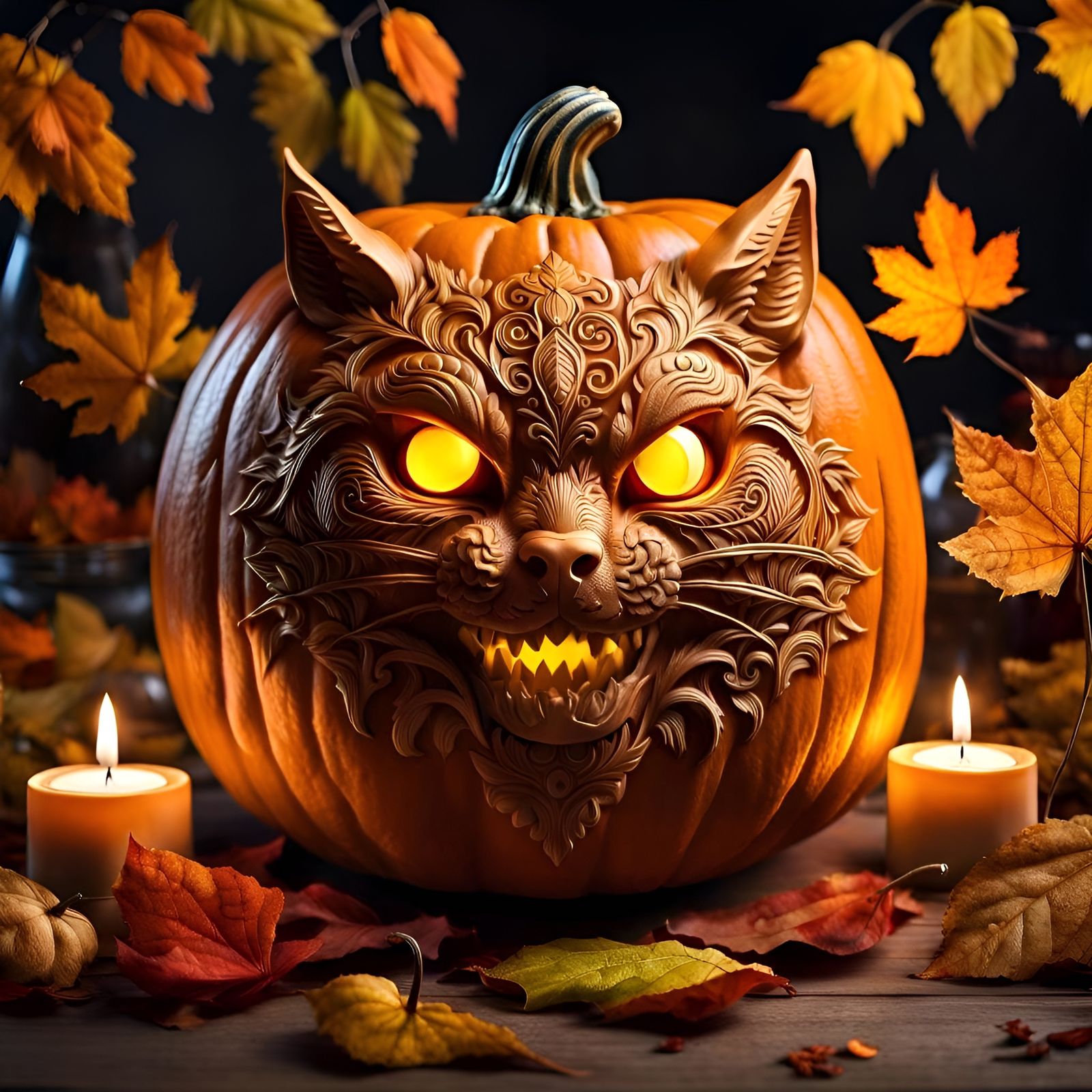 Cute Fierce Cat Face Carved into Pumpkin.  by @Tallameia