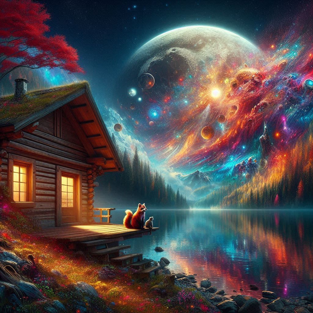 Red Raccoon and Squirrel at the Cabin