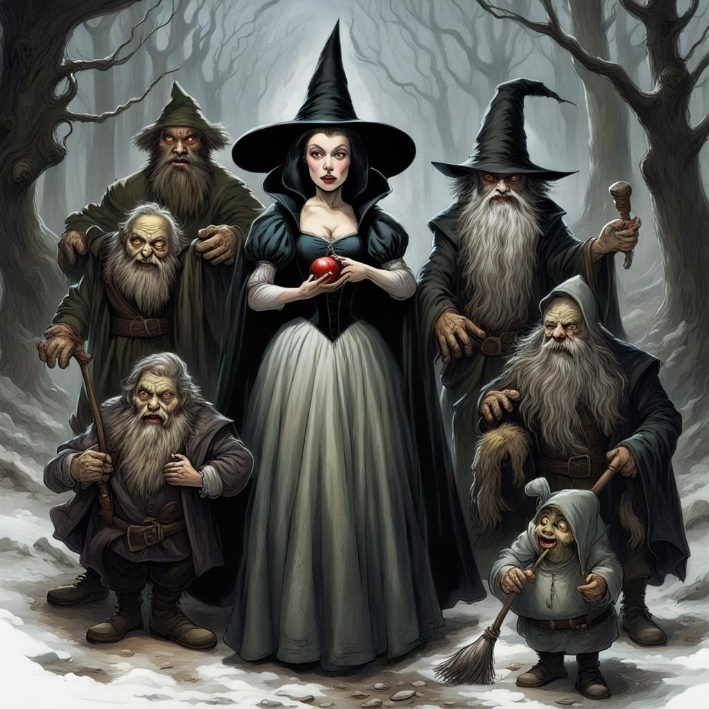 Snow White and dwarves and wicked witch color sinister by Greg Rutkowskisinister by Greg Rutkowskisinister ...  by @Debbie