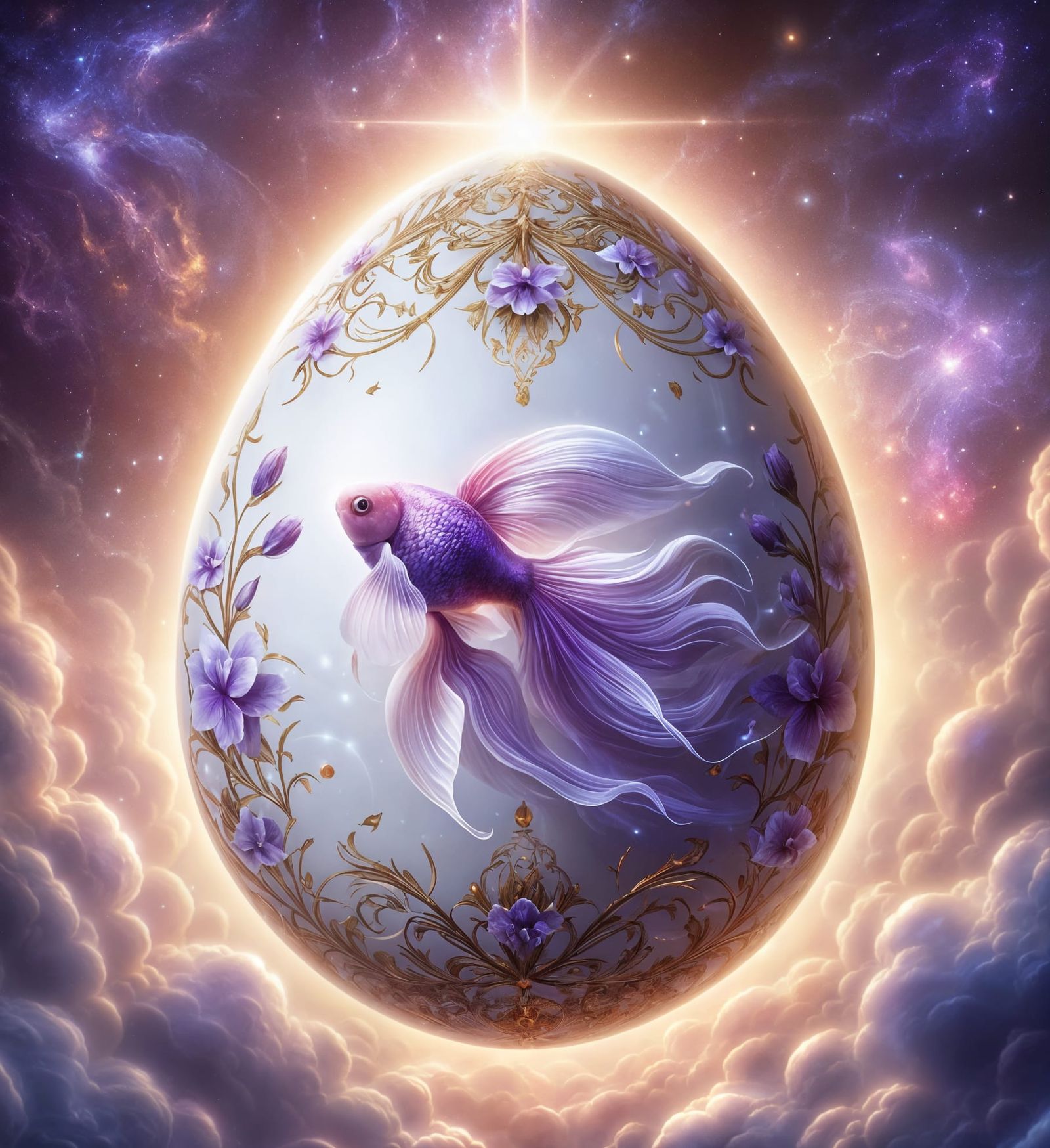 Purple Goldfish Swims Across an Egg