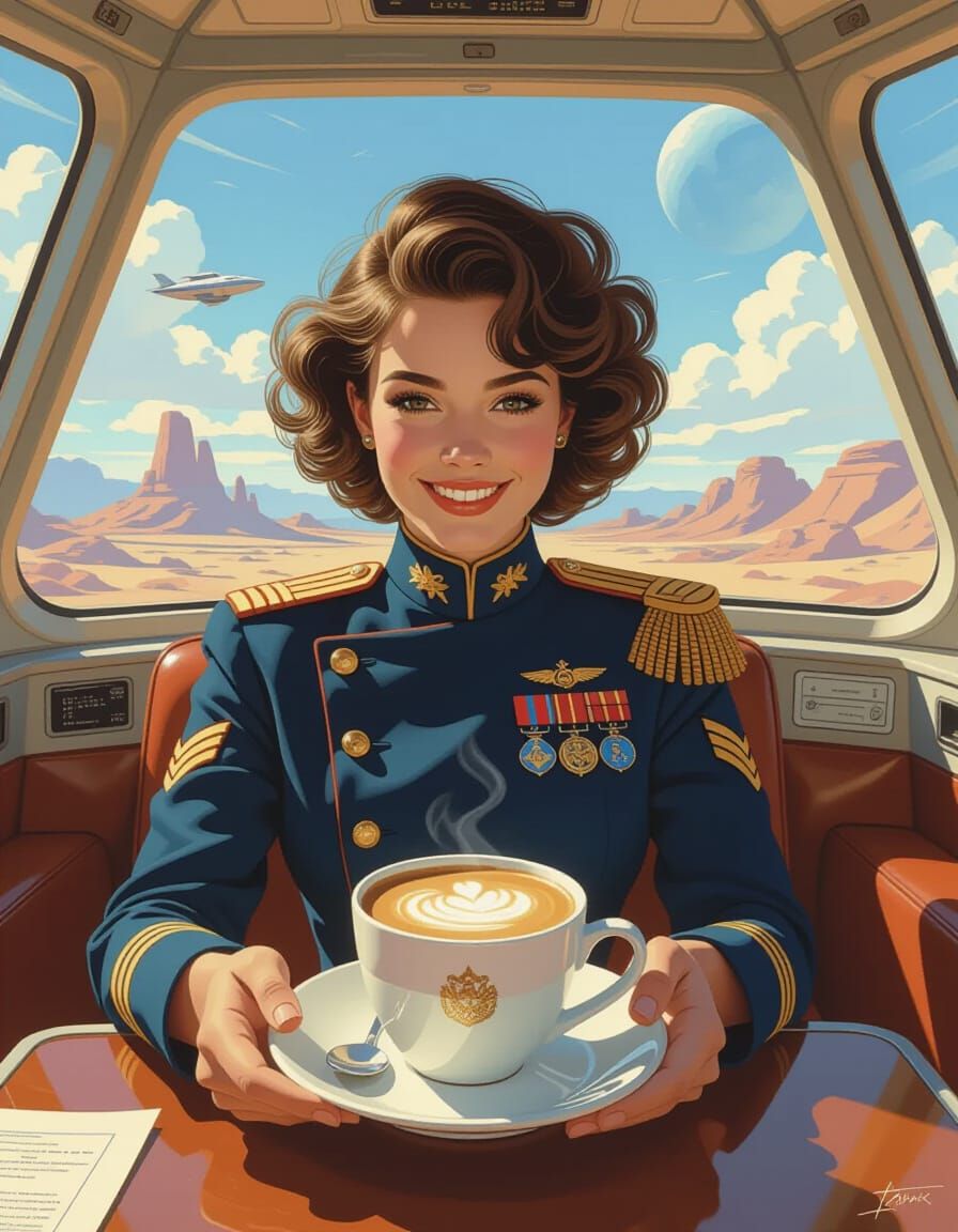 Retro-Futuristic Sci-Fi Officer Offers Latte