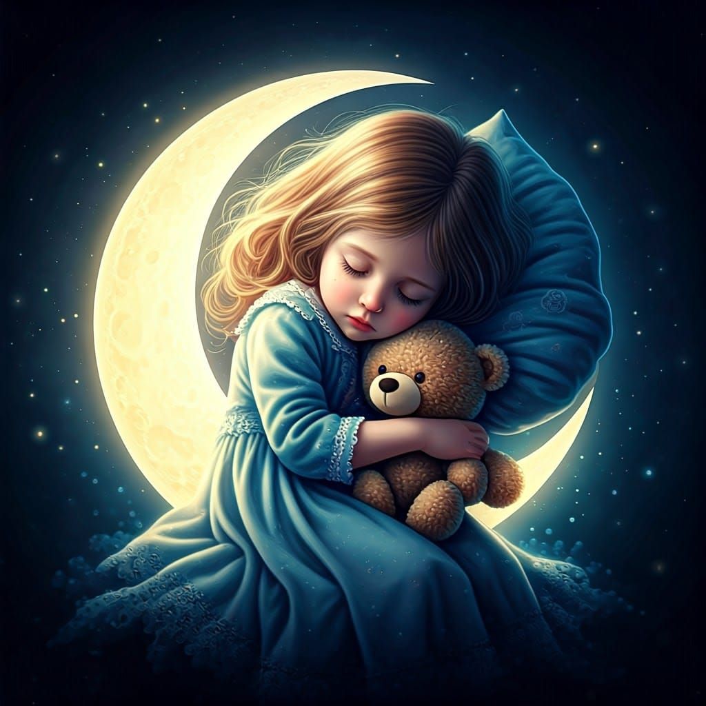 A little girl sleeps on a new moon holding a teddy bear in her arms.
