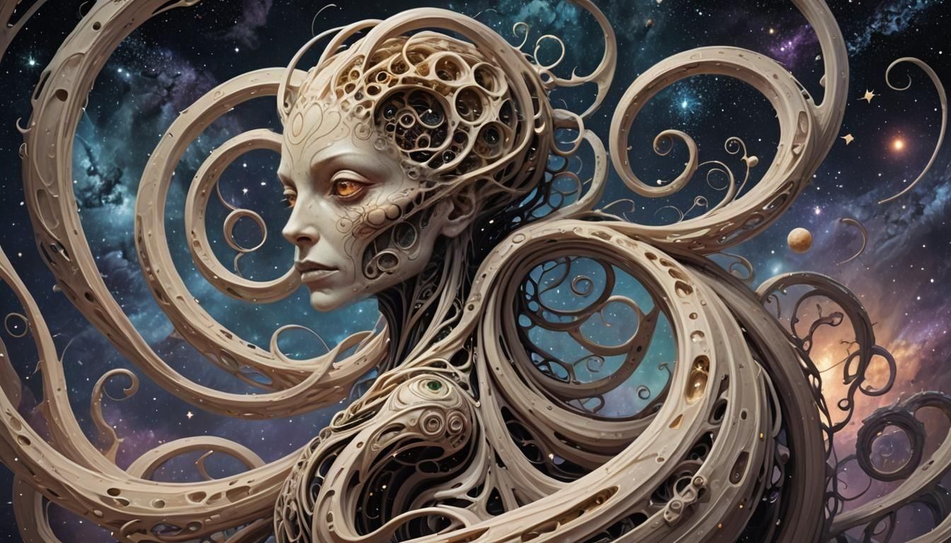 beautiful, gentle, kind, loving, eldritch abomination, twisting spirals, weird textures, organic shapes, wide open space, creature in space,...