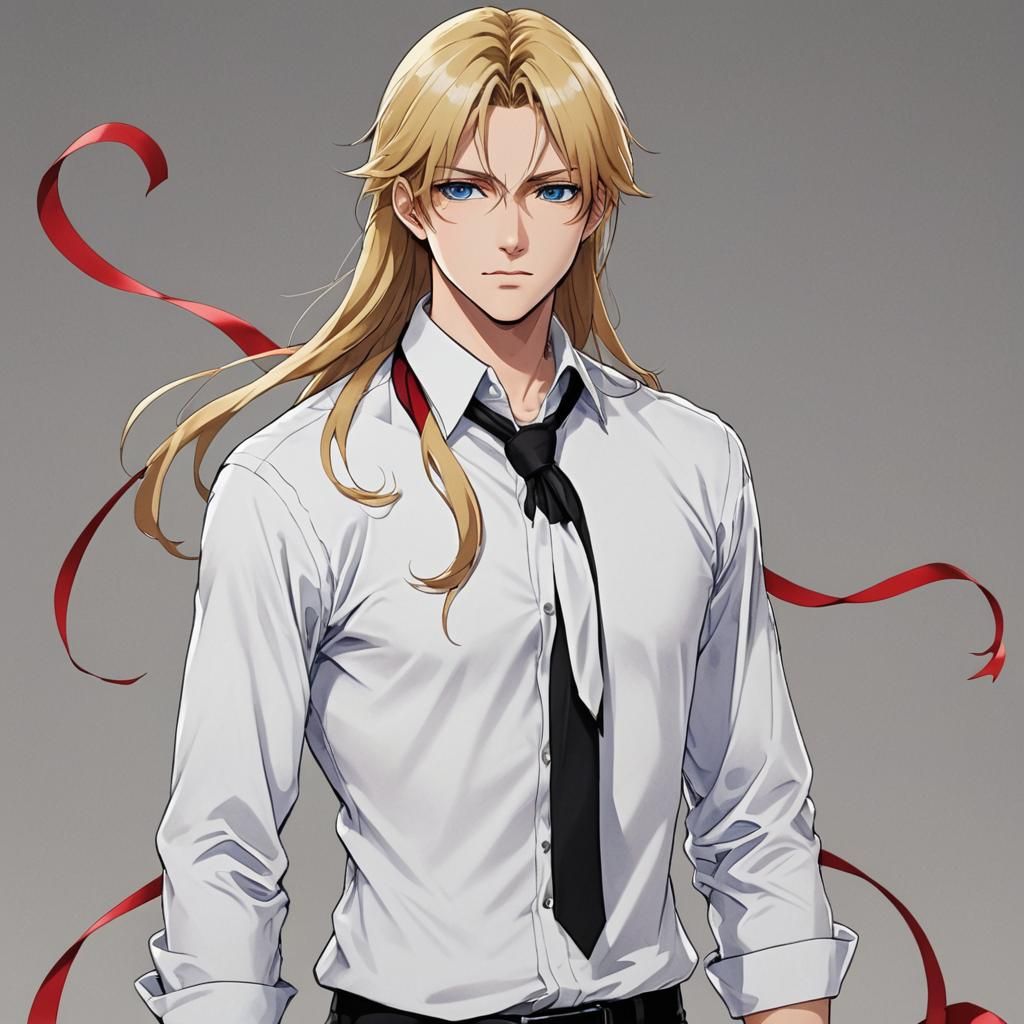 A young man with long, blonde hair that ends at the shoulder...