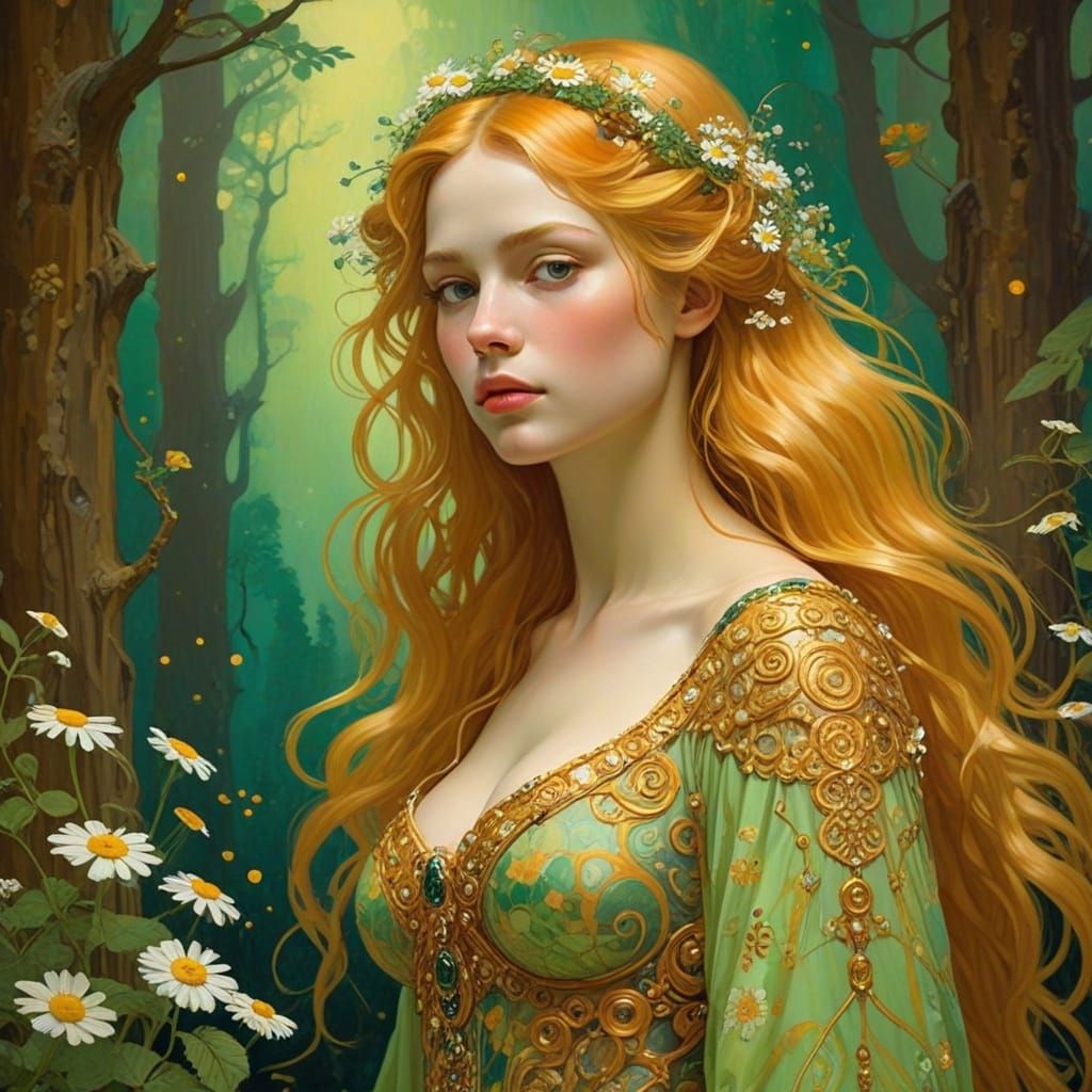 Goddess in Bioluminescent Forest Oil Painting