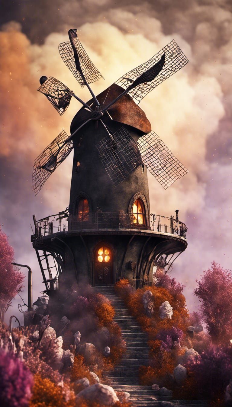 A gothic steampunk windmill based on flowers, fruits, smoke,...