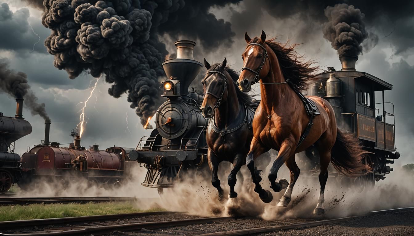A sweaty, muscular chestnut horse, it's rear quarters in the foreground, running towards an oncoming, black smoke-spewing locomotive in the...