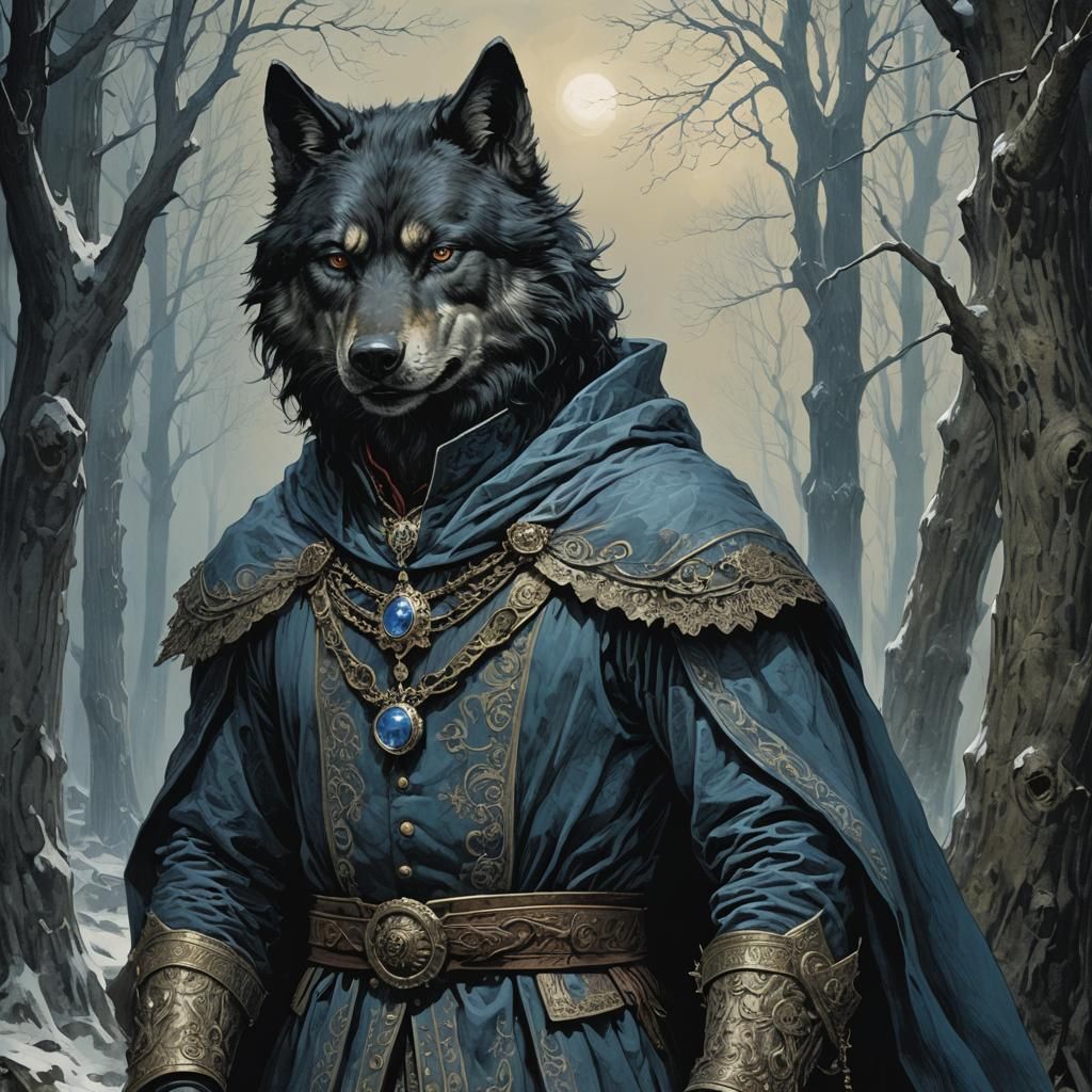 Russian Wolf Costume in Horror Illustration Style