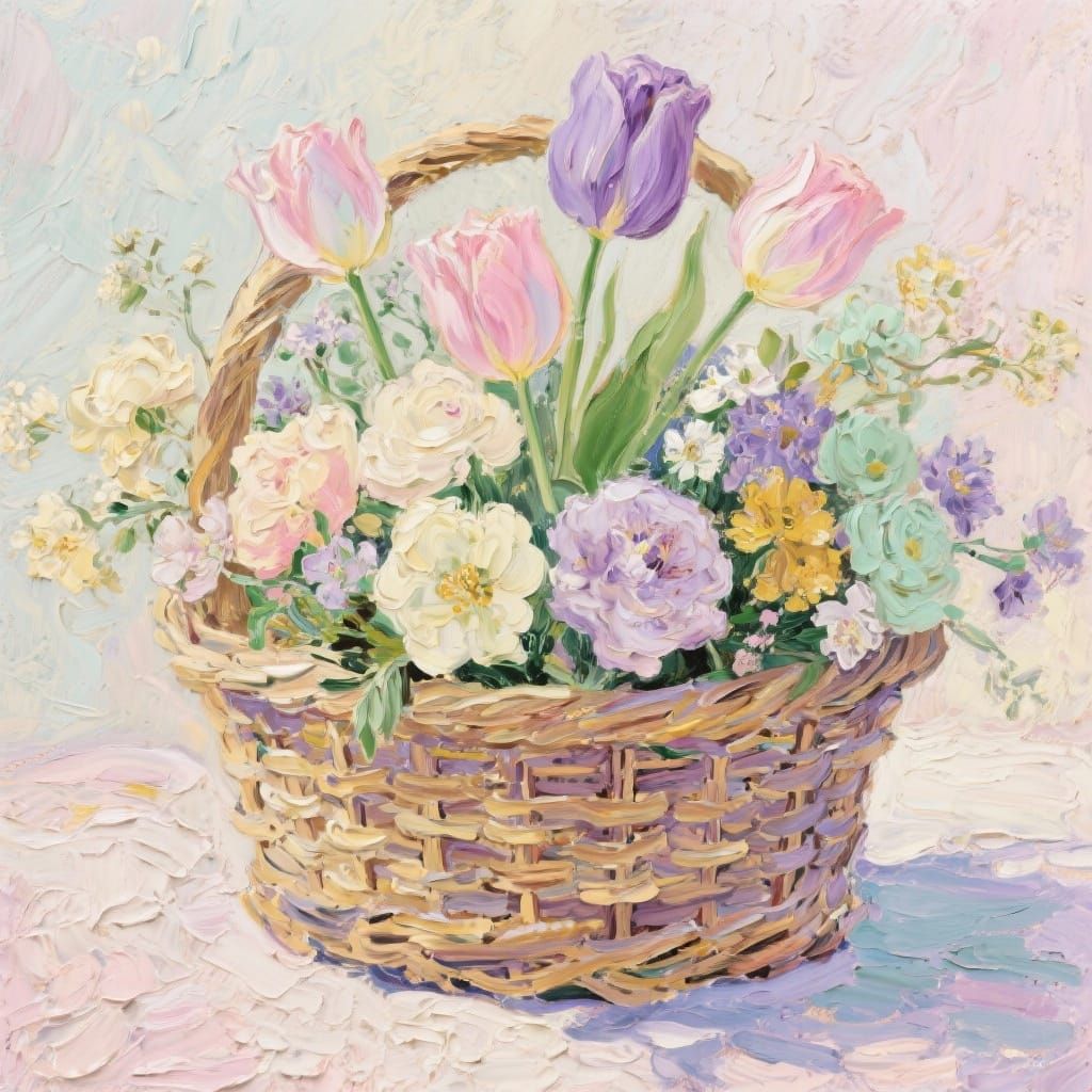 Pastel Flowers in Basket, Impasto Oil Painting