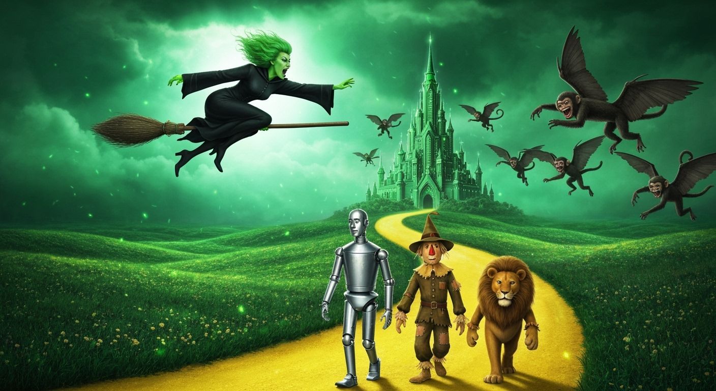 Under the emerald-hued storm clouds, the resplendent Emerald City stands tall with green spires that glisten with chaoti...