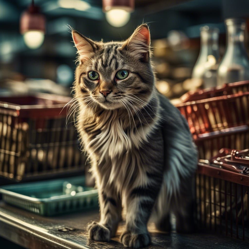 an adorable cat shopping at the fish market