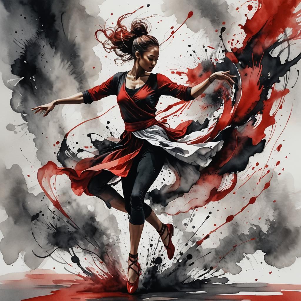 A unique and creative rendering of a female dancer in red, black, and white, using a mix of watercolor ...  by @sickros