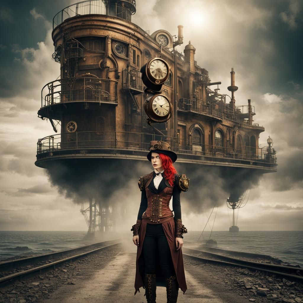 Steampunk woman in the end of the world.