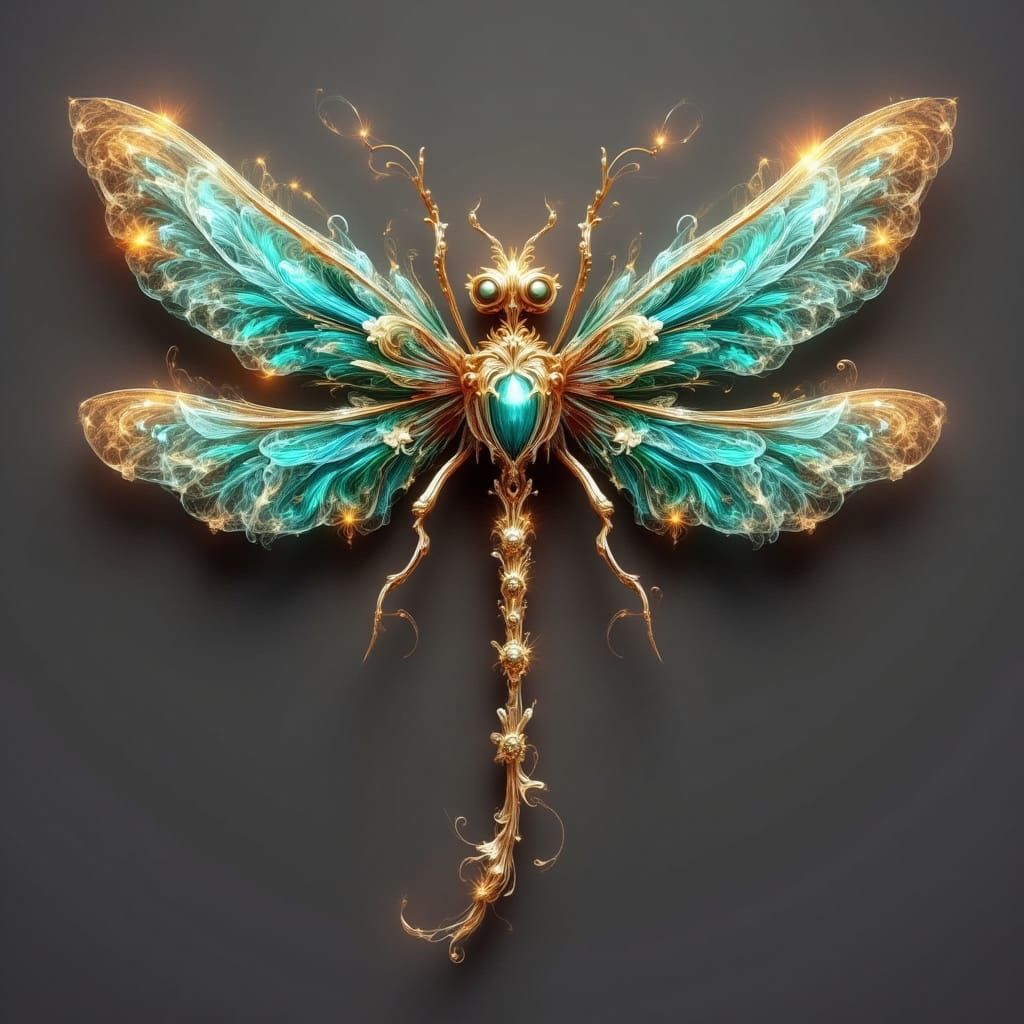 <lora:Ethereal Magic Flux:1.0> Create an image of a steampunk dragonfly pin. Make it turquoise and copper 