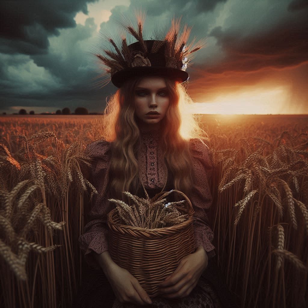 Golden Hour Elegance: The Wheatfield Maiden