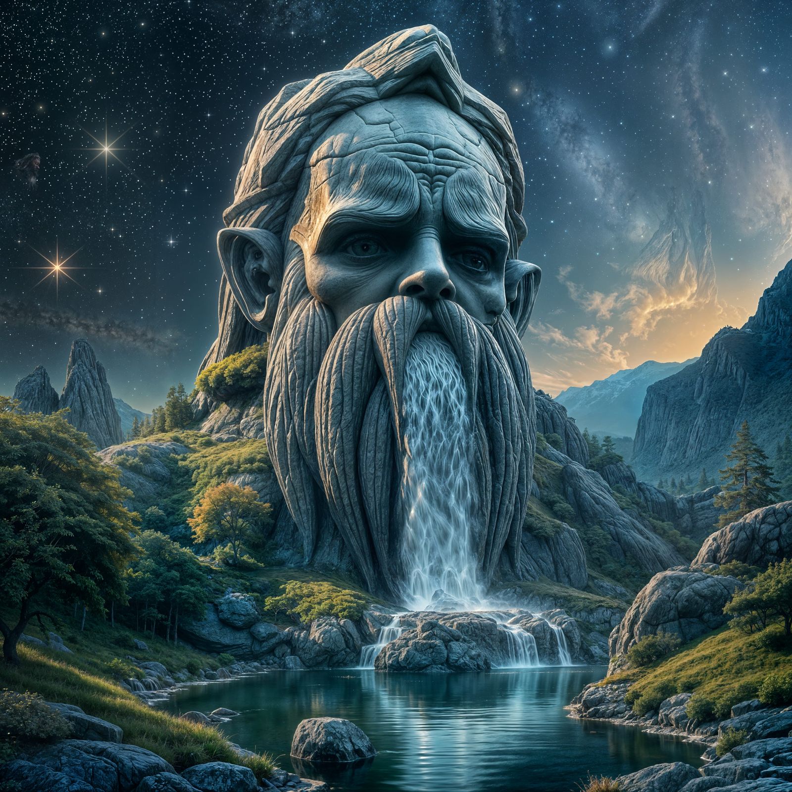 Elven Landscape with Waterfall Beard Under Starry Night