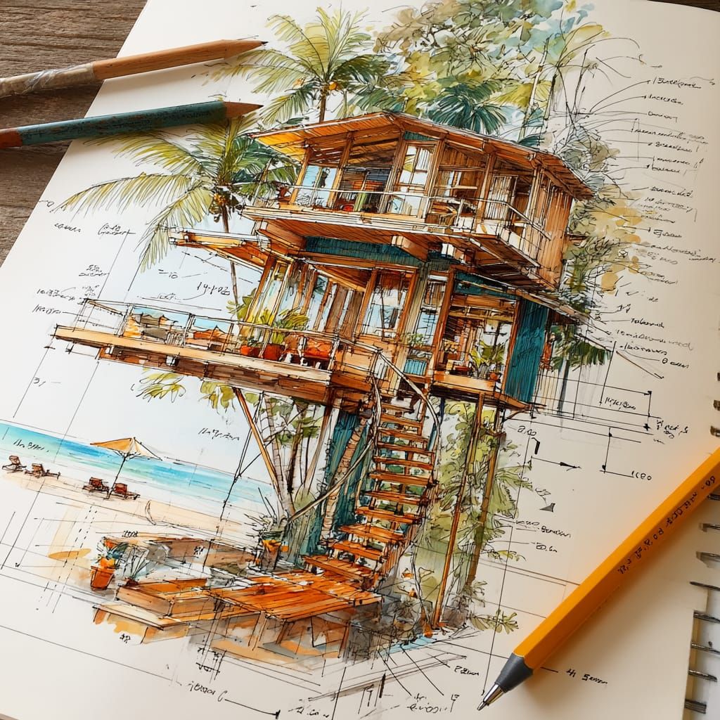 Drawing of tropical beach tree house