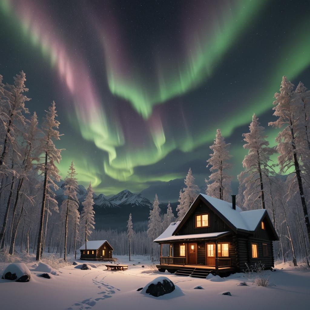 Cool corporate minimalist cabin in Alaska during a thunderst...